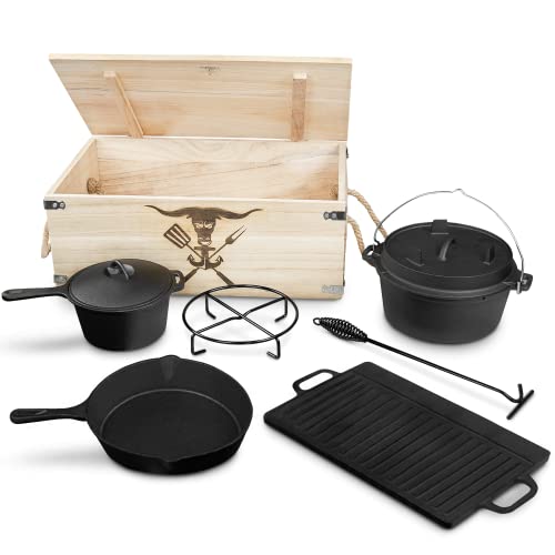 osoltus 7-teiliges Dutch Oven Set in Holzkiste, Gusseisen bereits eingebrannt, mit Kochtopf, Stieltopf, Grillplatte, Pfanne, Deckelheber und Untersetzer