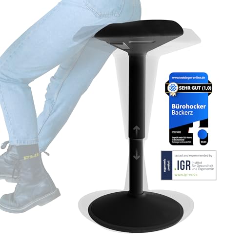 Backerz Ergonomischer Hocker - Bürohocker mit 55-80 cm Höhenverstellung - Sitz- und Stehhocker - wackelhocker - Arbeitshocker für Zuhause und im Büro - Bezogen mit wasserabweisendem Stoff, Mattschwarz