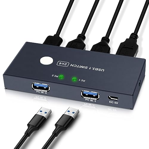 USB 3.0 Switch, EVATEK 2 In 4 Out USB KVM Switch mit 2 USB 3.0 Kable, USB 3.1 USB KVM Switch Sharing 4 USB Geräte Peripherie Switcher Box Hub, Button Switch