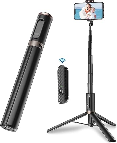 TONEOF 152CM Selfie Stick Stativ, Ausziehbar All-in-1 Handy Stativ aus Aluminium mit Kabelloser Fernbedienung und 9 Teleskopstange,Drehbar Handyhalter für iPhone/Android-Schwarz