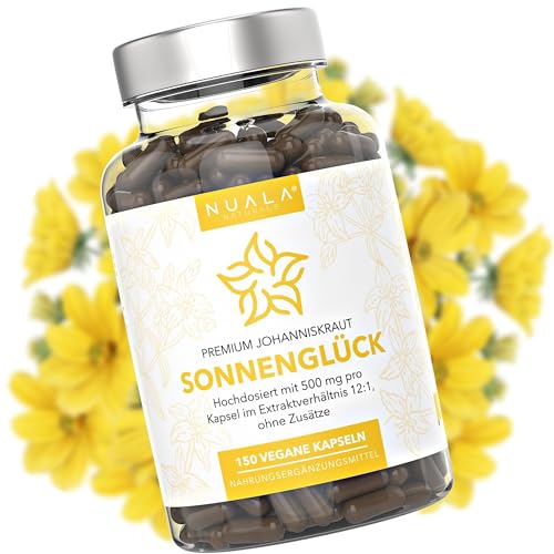 NEU! Sonnenglück - Johanniskraut Kapseln Hochdosiert - 12.000 mg pro Tag - 12:1 Extrakt - 150 vegane Kapseln - 100% Johanniskraut Extrakt komplett ohne Zusätze