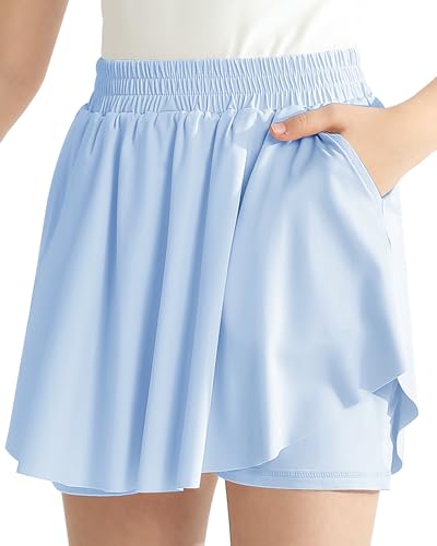 Hovershoes Flowy Shorts für Mädchen, 2-in-1, Sport-Shorts, Sport-Shorts, Sport-Shorts, Teenager, Mädchen, Sommer, kurz, hohe Taille, lässige Strandhose mit Taschen, blau, 13 Jahre