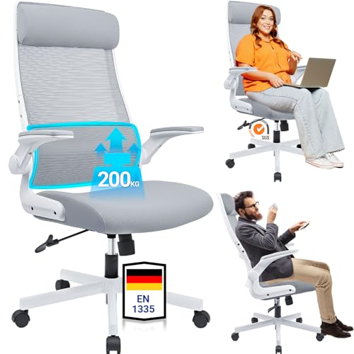 MELOKEA Bürostuhl Ergonomisch mit Verstellbare Kopfstütze, Schreibtischstuhl aus Mesh, Bürostuhl 200kg, Klappbare Armlehnen, Lendenwirbelstütze, Wippfunktion, EN 1335 Computerstuhl, Desk Chair, Grau