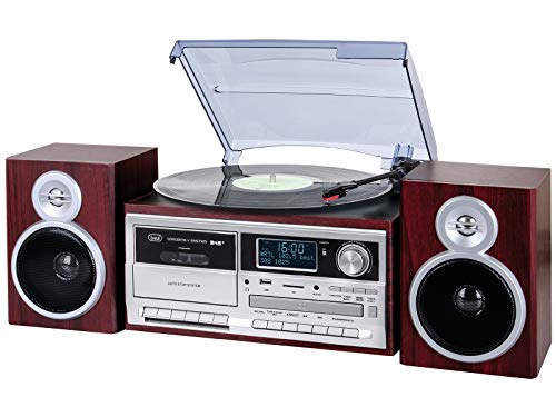 Trevi TT 1072 DAB, 33, 45 und 78 RPM Vinyl-Plattenspieler, Kabelloser Vinyl-Player, CD- und MP3-Player, USB und SD, 25W, Digitalradio DAB/DAB+ FM, Kopfhörerbuchse, Bassreflex-Lautsprecher, Holz