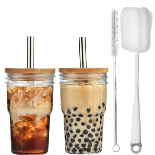 ALINK 2 Stück Bubble Tea Becher mit Strohhalm, 475ml Boba Tea Glas, Smoothie-Becher mit Deckel, Weithals Iced Coffee Glas für Milchshakes, Säfte, Smoothies, Biere