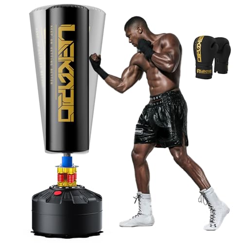 LEKÄRO Freistehender Boxsack mit Boxhandschuhe Kickboxsack Schwerer Erwachsenen Standboxsack mit Saugfuß Muay Thai MMA Training (Schwarz Gold)