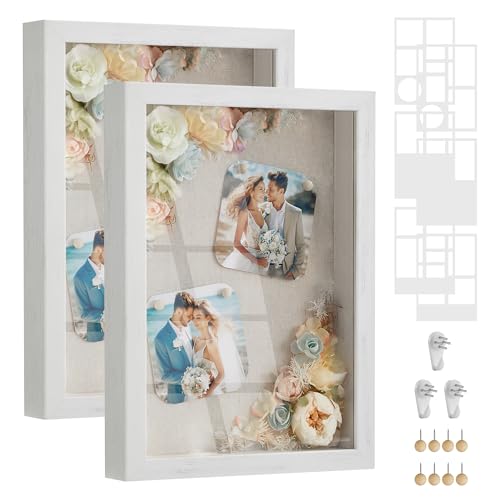 SONGMICS Bilderrahmen, 6 Passepartouts, 2er Set Fotorahmen zum Befüllen, 8 Stecknadeln, Collage für Bilder 10,2 x 15,2 cm, 10,2 x 10,2 cm, 3 spurenlose Wandhaken, vintageweiß RPF019W02