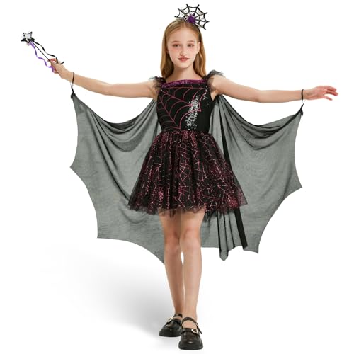 Joellfuner Hexe Kostüm für Mädchen, Spinne Halloween Hexenkostüm mit Zauberstab, Schwärzlich Violett Hexenkleid mit Cape für Mädchen Halloween Karneval Cosplay Partykleid Fasching (S)