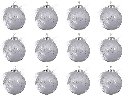 Christmas Decoration Weihnachtskugeln Kunststoff 8cm x 12 Stück bruchsicher mit Federn Glitzer transparent klar