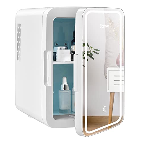 COSTWAY 10L Mini Kühlschrank Glastür, Skincare Fridge, AC/DC Mini Fridge mit 3-stufige Helligkeit Touch-Screen-Spiegel, Kühler und Wärmer für Hautpflege und Kosmetik Lebensmittel