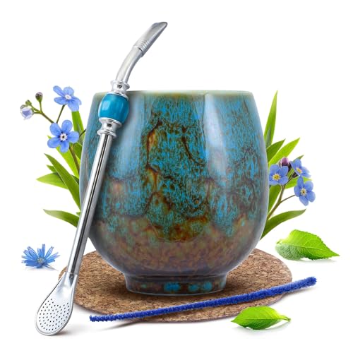 Mate Tee Zubehörset | Keramik-Kalebasse Isla, Bombilla, Reiniger, Korkpolster | Mate Tee Kürbis