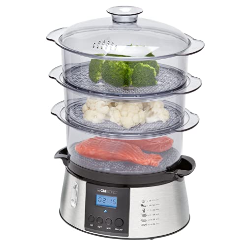 Clatronic DG 3547 elektrischer Dampfgarer, Steam Cooker, Reiskocher, Dampfgarer mit 3 Dampfgarbehältern inkl. Reis-Schale, Digital-Timer, LCD-Display, Netz-Kontrollleuchte, schwarz/edelstahl-Optik