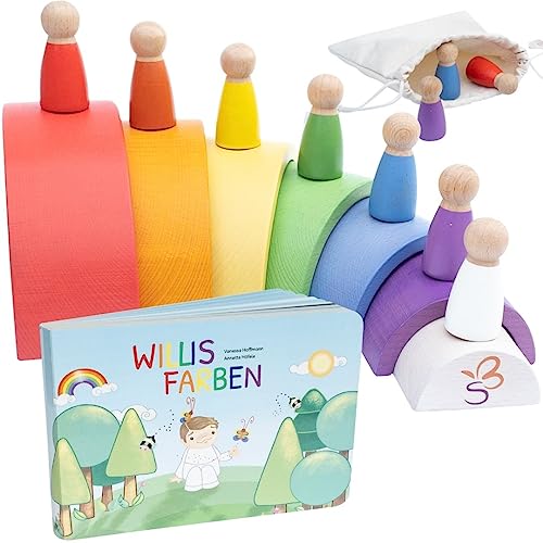 SCHMETTERLINE® Regenbogen-Holz Spiel inkl. Holzfiguren & Vorlesebuch – Montessori-Regenbogen Spielzeug für Kinder ab 3 Jahren – Holz Lernspielzeug – Regenbogen Holzspielzeug mit Holzpuppen