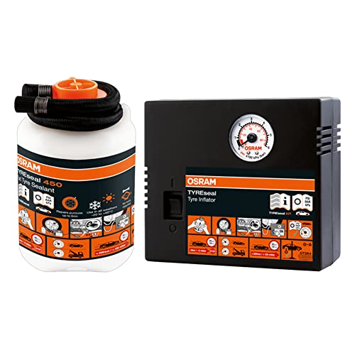 OSRAM TYREseal Kit, Reifendichtmittel 450 ml und analoger Reifenkompressor, Reifenreparatur Set, Reparatur in 10 Minuten