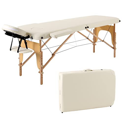 Panana 2-Zonen Massageliege Tragbare Massagebank Höhenverstellbarer Massagetisch mit Kopfstütze und Abnehmbare Armlehnen aus Holz (Beige)