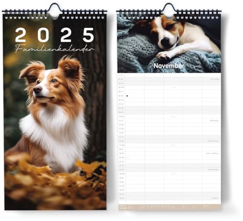 Kalender 2025 Familienplaner mit 5 Spalten als Wandkalender [Hunde] I 22 x 43 cm I Familienplaner Wand I Monatskalender Okt 2024- Dez 2025, Hundekalender, Stundenplänen uvm