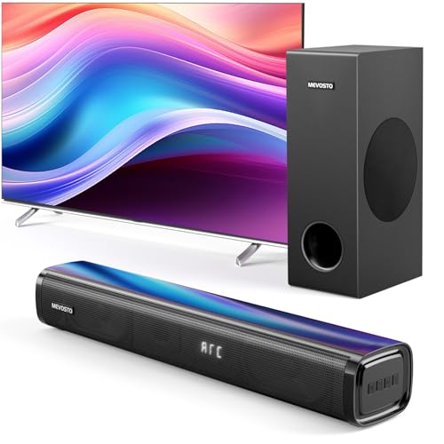 Soundbar für TV mit Subwoofer, PC, Gaming, 2.1 CH MEVOSTO 2025, verbesserte TV-Soundbar, tiefer Bass, Computer-Soundsystem, BT 5.3/USB/HD-ARC/optisch/AUX-Bass und Höhen, verstellbar, Heimkino