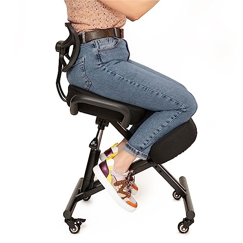 BLACK POINT O'KNEEL Ergonomischer Kniestuhl aus Öko-Leder für Zuhause und Büro (inklusive schwarzem Leinenbezug) Ergonomischer Bürostuhl