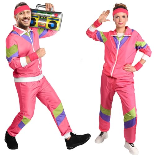 Aomig 90er 80er Jahre Kostüm Erwachsene, Retro Trainingsanzug für Männer Frauen, Disco Ganzkörperanzug, Partner Outfit Jacke und Hose 80er Party Bad Taste für Mottoparty Karneval(Rosarot-L)