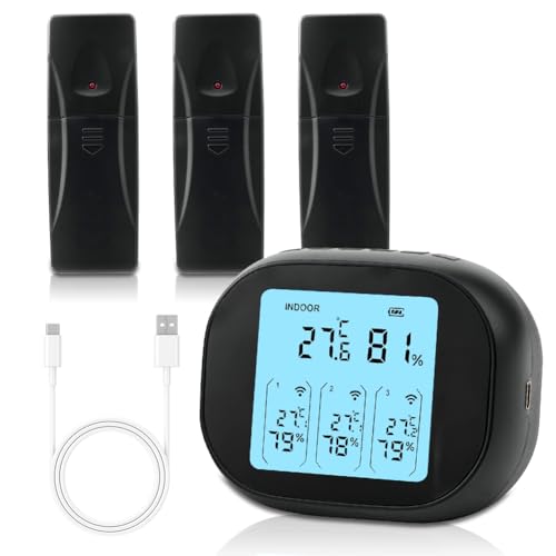 Kühlschrank Thermometer, Digitales Gefrierschrank Thermometer mit Sensoren, Innen Außen Thermometer Kühlschrankthermometer, Temperatur Alarm, MIN/MAX, ℃/℉, Temperaturtrendanzeige Pfeil (3 Sensoren)