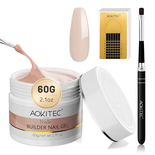 Aokitec Aufbaugel für Gelnägel, 60g Nude Hartgel für Nägel, Nagelgel Set mit Nagelformen und Gel Nagelbürste, UV Gel für Nagelverlängerungen, Nail Art Aufbaugel Sets Builder Nägel für Anfänger