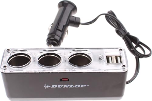 Dunlop Dreifachsteckdose - Multi-Funktion Power Auto Adapter mit 3-Fach KFZ Zigarettenanzünder Verteiler Splitter für GPS und Mehr - 12-24 V - Schwarz