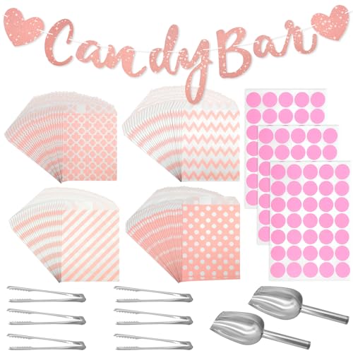 FIHODONE 112 Stück Candy Bar Zubehör,Enthält 100 Stück Candy Bar Tüten und 6 Zuckerzange,2 Eisschaufel und 3 Blätter Stickers und 1 Rosa Deko,Candybar Zubehör Set für Hochzeit Geburtstage Party