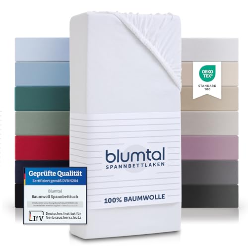 Blumtal® Basics Spannbettlaken 140x200cm Jersey - Spannbettlaken 140x200cm Baumwolle - Oeko-TEX zertifiziertes 140x200 Spannbetttuch - Bettlaken 140x200 Baumwolle/Jersey Spannbettlaken 140x200 - Weiß