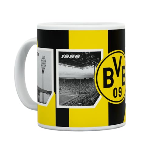 BVB Tasse Stadion - 50 Jahre Jubiläumsedition - Schwarzgelbe Keramiktasse mit 0,3 Liter Fassungsvermögen und Großem BVB Emblem