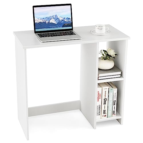 COSTWAY Kleiner Schreibtisch, Computertisch mit 2 Fächern, PC-Tisch, Bürotisch für kleine Räume, weiß, 80 x 40 x 74 cm
