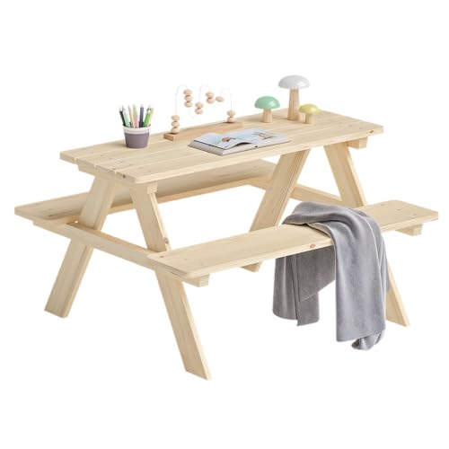Bellabino Inny Kindersitzgarnitur für Draußen, Sitzgruppe Outdoor 2 Bänke mit Tisch, Sitzgarnitur für Kinder Natur aus Massivholz unbehandelt, Picknicktisch Kinder, Spielsitzgruppe draußen