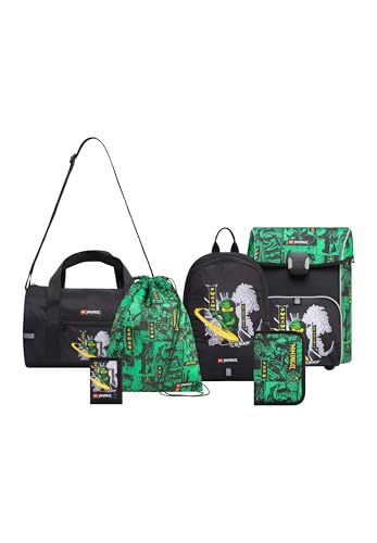 SKANDO BAGS Lego Ninjago Schulranzen Set Jungen & Mädchen ab 1. Klasse - 6-Teilig - Schulrucksack, Federmappe (Gefüllt), Turnbeutel, Kleinerer Rucksack, Geldbörse und Sporttasche, Grün