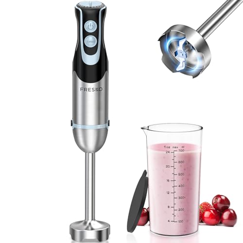 FRESKO Stabmixer, 1000W Edelstahl pürierstab mit 12 Geschwindigkeitsstufen, TURBO-Taste, 700ml Becher mit Deckel für die Zubereitung von Soße, Babynahrung und Suppe