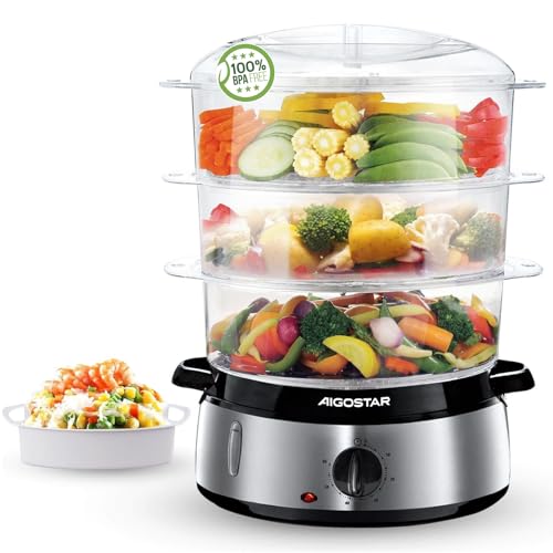 Aigostar Dampfgarer mit Timer (800W, 9 L) 3-Etagen Stapelkörbe, BPA frei, silber/schwarz. EINWEGVERPACKUNG.