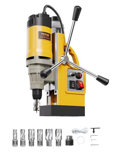 VEVOR Magnetbohrmaschine, 1400 W Motor, elektrische Säulenbohrmaschine, magnetisch, 12800 N, Bohrdurchmesser von 50 mm mit 6 Bohraufsätzen, variable Geschwindigkeit, für Metalloberflächen, Gelb