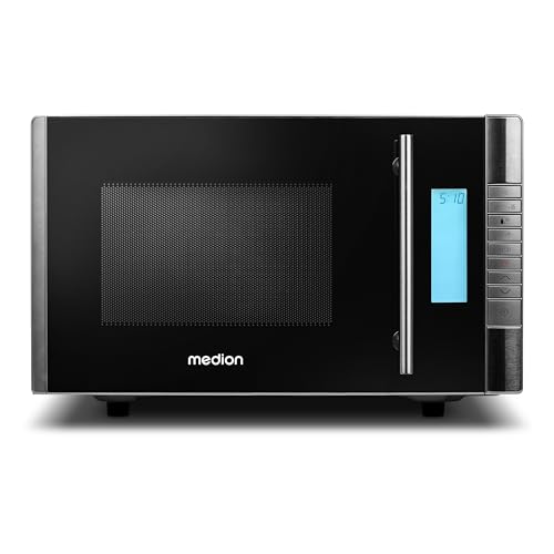 MEDION MD 14482 Mikrowelle mit Grill / 20L Garraum / 8 Automatikprogramme/Auftaufunktion / 800 Watt Mikrowellen- und 1000 Watt Grillleistung/Zeitschaltuhr/Grillrost/silber/schwarz