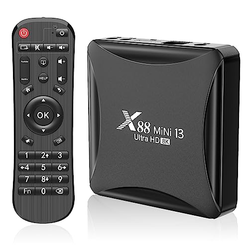 Android TV Box 13.0, Android Box 4GB RAM 64GB ROM RK3528 Quad-Core 64bit Cortex-A53 Support 2.4/5.0GHz Dual-Band Wi-Fi 10/100M Ethernet USB 2.0 8K
