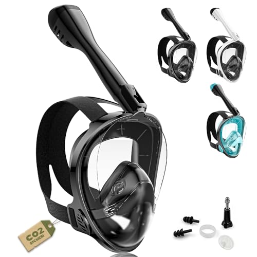 Schnorchelmaske Erwachsene Vollgesichtsmaske – CO₂ sicher Wasserdicht & Beschlagfrei Tauchmaske mit Kamera Halterung – Tauchermaske mit Tragetasche & Ohrstöpsel (schwarz, L-XL)