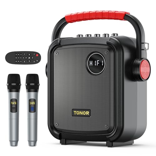 Bluetooth Lautsprecher tragbar TONOR Karaoke PartyBox mit 2 Mikrofon kabellos Karaoke Maschine Geang System mit drahtlosem Funkmikrofon unterstützt BT/TF/USB/AUX für Party/Draußen/Erwachsene/Kinder K7