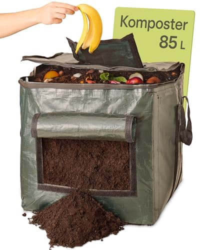 Praknu Thermo Komposter für Garten Klein - 85L Platzsparend - Wetterfest 𝗘𝘅𝘁𝗿𝗮 𝗦𝘁𝗮𝗿𝗸 - Mit Belüftungs- und Einfüllklappe - Schnellkomposter für Küchen- und Gartenabfälle