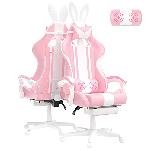 Ferghana Gaming Stuhl Ergonomisch Gaming Sessel mit Fußstütze PC Stuhl Gaming Chair mit Kopfstütze und Lendenkissen Racing Computerstuhl mit Hasenohren，Bürostuhl Ergonomisch，Pink