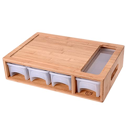 GRÄWE Bambus Schneidebrett groß, 40,5 x 27 cm, Holzbrett für Rechtshänder, Küchenbrett mit Auffangschalen, klingenschonend, rechteckig