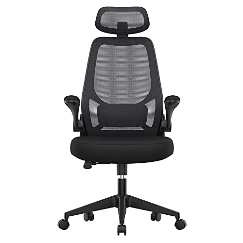 SONGMICS Bürostuhl, ergonomischer Stuhl, Drehstuhl, verstellbare Armlehnen und Kopfstütze, aus atmungsaktivem Stoff, höhenverstellbar, Schwarz OBN087B01