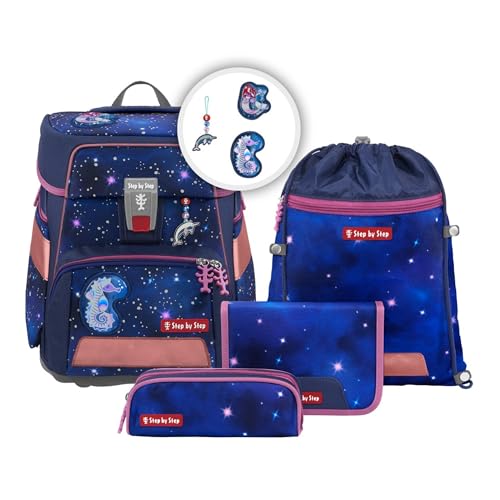 Step by Step Schulranzen-Set Space Reflect „Star Seahorse Zoe“ 5-teilig, ergonomischer Tornister, Reflektoren, höhenverstellbar, Hüftgurt, Grundschule, 1. Klasse, 20L, lila-schwarz, Seepferd-Design