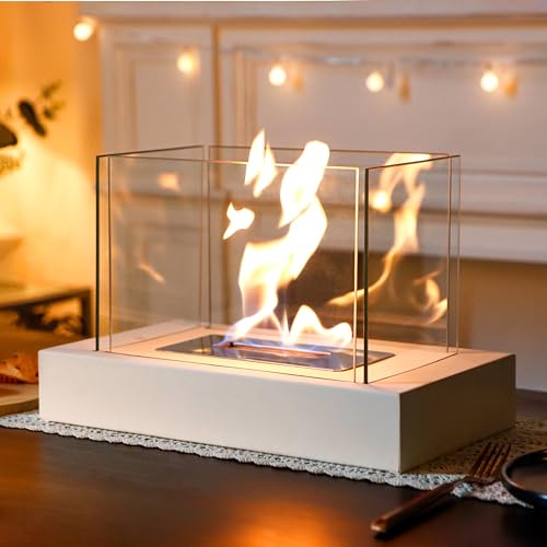 JHY DESIGN Rechteckiger Tisch-Feuerschalentopf mit Vierseitigem Glas 35 cm L Tragbarer Tischkamin Sauber Brennender Bio-Ethanol-Kamin für Innen Außenbereich Terrasse Partys Veranstaltungen (Weiß)