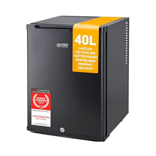 TZS First Austria Minikühlschrank 40L | komplett lautlos | abschließbar | wechselbarer Türanschlag | Innenbeleuchtung | Minibar für Camping, Büro & Schlafzimmer | schwarz