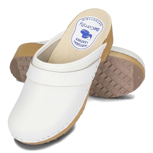 BeComfy Damen Holz Clogs Leder Clogs mit Holzsohle Echtleder Holzclogs Blumen Blau Weiß 35-41 EU/Weiß, 35