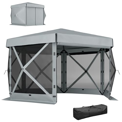Outsunny Pavillon sechseckig ca. 3,6x3m Wasserdicht Pop-up Faltpavillon mit 5 Seitenteilen Tasche Faltbar Partyzelt UV 30+ Winterfest Gartenzelt Gartenpavillon für Camping Garten Festival, Hellgrau