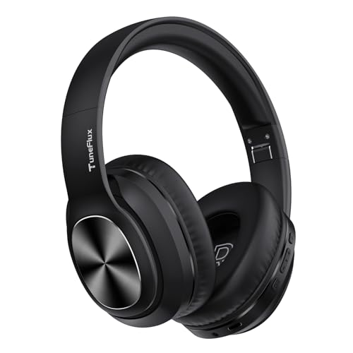 TuneFlux Bluetooth Kopfhörer Over Ear, 80 Std Akkulaufzeit, Kabellos Bluetooth Kopfhörer mit 3 EQ-Modi, HiFi-Stereo, Eingebautes Mikrofon, Faltbares Wireless Kopfhörer-Schwarz