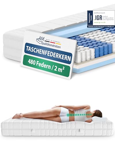 AM Qualitätsmatratzen 7 Zonen Taschenfederkernmatratze 100x200cm H4 - Made in Germany - Ergonomische Federkernmatratze 100x200 mit waschbarem Bezug - Oeko TEX zertifizierte Matratze 100x200 20cm hoch